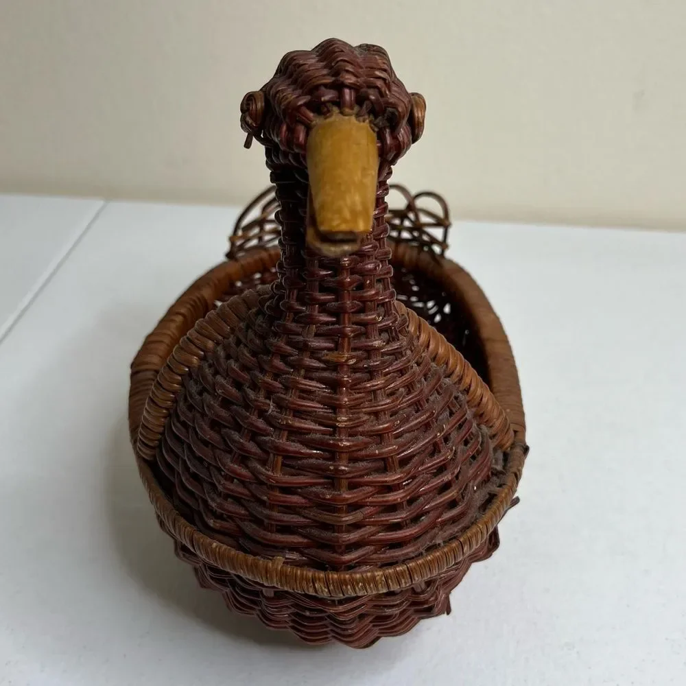 Vintage Brown Rattan Wicker Duck Basket Woven Wood Bird Farmhouse Decor Boho